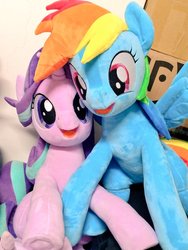Size: 768x1024 | Tagged: safe, artist:nekokevin, rainbow dash, starlight glimmer, pegasus, pony, unicorn, series:nekokevin's glimmy, g4, duo, female, irl, looking at you, mare, open mouth, photo, plushie, raised hoof, smiling, underhoof