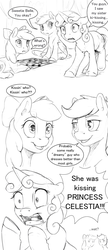 Size: 1280x2967 | Tagged: safe, artist:silfoe, apple bloom, scootaloo, sweetie belle, earth pony, pegasus, pony, unicorn, royal sketchbook, g4, bow, checkers, comic, cutie mark, cutie mark crusaders, dialogue, female, filly, grayscale, hair bow, implied lesbian, implied princess celestia, implied rarilestia, implied rarity, implied shipping, monochrome, shocked, simple background, sketch, speech bubble, the cmc's cutie marks, trio, wat, white background, wide eyes