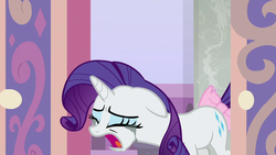 Size: 1280x720 | Tagged: safe, screencap, rarity, pony, unicorn, g4, my little pony: friendship is magic, school raze, bow, crying, eyes closed, female, makeup, mare, open mouth, running makeup, solo, tail bow