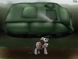 Size: 2718x2054 | Tagged: safe, artist:the-furry-railfan, octavia melody, earth pony, pony, g4, airborne, apc, clothes, cloud, cloudy, dirt road, female, high res, incoming, inflatable, m113, overcast, paper, saddle bag, scarf, solo, story included, tank (vehicle), this will end in balloons, this will not end well, tree