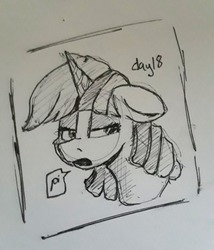 Size: 773x901 | Tagged: safe, artist:post-it, twilight sparkle, pony, g4, bust, female, floppy ears, ink drawing, inktober, mare, monochrome, open mouth, simple background, sketch, solo, tired, traditional art, white background