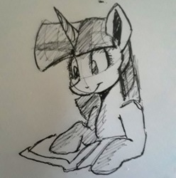 Size: 773x779 | Tagged: safe, artist:post-it, twilight sparkle, pony, g4, book, female, ink drawing, inktober, looking down, mare, monochrome, reading, simple background, sketch, smiling, solo, traditional art, white background