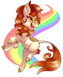 Size: 1024x1249 | Tagged: safe, artist:lacedharlot, autumn blaze, kirin, sounds of silence, awwtumn blaze, cute, fangs, female, happy, looking up, open mouth, rainbow, simple background, solo, transparent background
