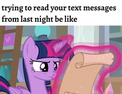 Size: 1080x834 | Tagged: safe, edit, edited screencap, editor:apex soundwave, screencap, twilight sparkle, alicorn, pony, g4, school raze, concentrating, female, image macro, mare, nose wrinkle, school of friendship, scroll, solo, text, twilight sparkle (alicorn), what the fuck am i reading