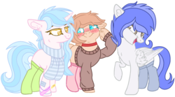 Size: 1024x571 | Tagged: safe, artist:bezziie, oc, oc only, earth pony, pegasus, pony, unicorn, clothes, female, mare, scarf, simple background, socks, sweater, transparent background