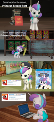 Size: 1920x4320 | Tagged: safe, artist:red4567, princess flurry heart, alicorn, pony, comic:princess punny heart 2, g4, 3d, baby, blue screen of death, book, comic, computer, diaper, funny, funny as hell, laptop computer, mall cop, pacifier, pun, shopping cart, source filmmaker, text