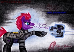 Size: 2987x2095 | Tagged: safe, artist:thechrispony, tempest shadow, pony, unicorn, g4, armor, crossover, darkness, dead space, eye scar, female, high res, horn, magic, mare, marker (dead space), plasma cutter, scar, solo, spacesuit, sparking horn, telekinesis, text, traditional art