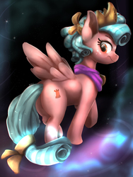 Size: 1688x2250 | Tagged: safe, artist:blackligerth, cozy glow, pegasus, pony, school raze, bow, butt, cozy glow is not amused, cozy glutes, crown, female, filly, foal, freckles, frown, hair bow, jewelry, looking at you, looking back, looking back at you, plot, regalia, tail bow