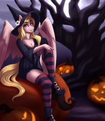Size: 2595x3000 | Tagged: safe, artist:fairdahlia, oc, oc only, oc:vee, pegasus, anthro, anthro oc, breasts, cleavage, clothes, commission, female, halloween, hat, high res, holiday, jack-o-lantern, lipstick, looking at you, mare, pumpkin, shoes, sitting, socks, solo, striped socks, witch, witch costume, witch hat, ych result