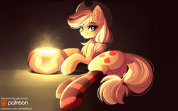Size: 3888x2423 | Tagged: safe, artist:airiniblock, part of a set, applejack, earth pony, pony, rcf community, g4, butt, clothes, cowboy hat, cute, featureless crotch, female, halloween, hat, high res, holiday, jack-o-lantern, mare, patreon, patreon logo, plot, pumpkin, smiling, socks, solo, stetson, striped socks