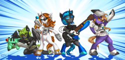 Size: 1013x491 | Tagged: safe, artist:php154, pony, semi-anthro, arm hooves, bipedal, commission, console ponies, dreamcast, gamecube, guitar, guitar hero, musical instrument, playstation 2, ponified, rhythm game, xbox