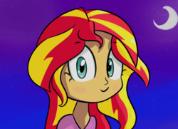 Size: 1950x1415 | Tagged: safe, artist:artiks, sunset shimmer, human, equestria girls, g4, female, looking at you, moon, night, smiling, solo