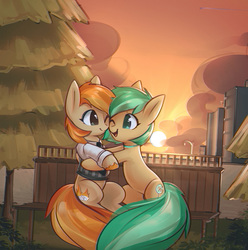 Size: 2001x2018 | Tagged: safe, artist:mirroredsea, oc, oc only, oc:minty pop, oc:parlay, pony, g4, bench, clothes, commission, cottagecore, cute, cutie mark, female, high res, hug, lesbian, looking at each other, mare, necktie, oc x oc, ocbetes, parpop, shipping, shirt, smiling, sunset, tree, vest