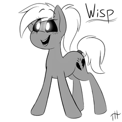 Size: 2160x2160 | Tagged: safe, artist:fakskis, oc, oc only, oc:wisp, ghost, black sclera, blushing, cutie mark, glowing eyes, high res, monochrome, open mouth, ponytail, simple background, text, white background, white hair, white pupils