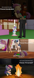 Size: 1920x4320 | Tagged: safe, artist:red4567, princess cadance, princess flurry heart, shining armor, alicorn, human, pony, unicorn, comic:princess punny heart 2, g4, 3d, baby, campfire, comic, dark, dark souls, diaper, exclamation point, eye, eyes, fire, flurry heart is not amused, funny, funny as hell, horror movie, pun, scared, source filmmaker, teddy bear, unamused