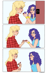 Size: 1010x1530 | Tagged: safe, artist:fioweress, applejack, rarity, human, g4, comic, cute, female, heart, humanized, lesbian, lipstick, looking at each other, makeup, ship:rarijack, shipping, tongue out