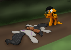 Size: 2843x1998 | Tagged: safe, artist:the-furry-railfan, octavia melody, oc, oc:twintails, earth pony, pegasus, pony, g4, biting, clothes, cloud, cloudy, dirt road, flattened, hoof biting, oops, overcast, saddle bag, scarf, shape change, shoulder angel, shoulder devil, story included, this will end in balloons, tree