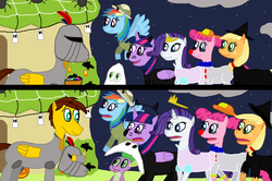 Size: 3432x2283 | Tagged: safe, artist:sb1991, applejack, pinkie pie, rainbow dash, rarity, spike, twilight sparkle, oc, oc:film reel, alicorn, earth pony, ghost, pegasus, pony, unicorn, g4, animal costume, bedsheet ghost, black cat, candy, cat costume, clothes, clown, costume, daring do costume, decoration, fanfic art, fluttershy's cottage, food, ghost costume, halloween, halloween costume, high res, holiday, jack-o-lantern, knight, link in description, night, nightmare night, princess costume, pumpkin, story art, twilight sparkle (alicorn), witch, witch costume