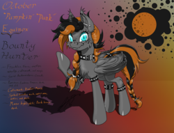Size: 1600x1223 | Tagged: safe, artist:ravvij, oc, oc only, oc:october equinox, bat, bat pony, pony, vampire, vampony, :t, autumn, bat wings, bounty hunter, bracelet, braid, butt, cheek fluff, chest fluff, collar, cute, cutie mark, ear fluff, ear freckles, ear piercing, ear tufts, eyebrow piercing, eyelashes, fangs, female, fluffy, food, freckles, goth, gradient background, halloween, highlights, hoof over mouth, jewelry, leg fluff, looking at you, mane, mare, moon, ocbetes, piercing, plot, punk, raised hoof, reference sheet, shoulder fluff, slit pupils, smiling, solo, spiked collar, spiked wristband, spread wings, tail, tail wrap, text, two toned mane, wall of tags, wing fluff, wing freckles, wings, wristband