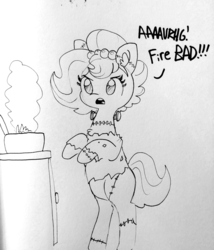 Size: 1280x1494 | Tagged: safe, artist:tjpones, oc, oc only, oc:brownie bun, earth pony, pony, bipedal, female, fire, frankenstein's monster, lineart, mare, sketch, solo, traditional art