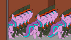 Size: 960x540 | Tagged: safe, artist:slamjam, starlight glimmer, g4, the cutie map, animated, clothes, communism, equal cutie mark, female, hat, marching, marx-leninist socialism, militarism, military, military parade, military uniform, multeity, peaked cap, red army uniform, stalin glimmer, starlight cluster, uniform