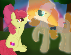 Size: 3300x2550 | Tagged: safe, artist:skyflys, apple bloom, pear butter, earth pony, ghost, pony, undead, g4, female, filly, freckles, high res, mare, mother and daughter, pear butter's ghost, sad, smiling, teary eyes