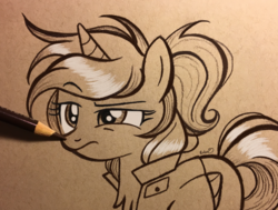 Size: 3118x2361 | Tagged: safe, artist:emberslament, oc, oc only, oc:katya ironstead, alicorn, pony, alicorn oc, boop, chest fluff, clothes, colored pencils, commission, female, high res, ink, mare, pencil boop, raised eyebrow, shirt, solo, traditional art, unamused