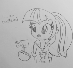 Size: 1227x1138 | Tagged: safe, artist:tjpones, sonata dusk, equestria girls, g4, my little pony equestria girls: rainbow rocks, cannibalism, carnivore confusion, clothes, dialogue, female, food, furry confusion, lineart, monochrome, ponytail, shirt, simple background, sketch, solo, sonataco, taco, that girl sure loves tacos, that siren sure does love tacos, traditional art