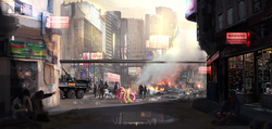 Size: 3400x1620 | Tagged: safe, artist:aidelank, fluttershy, rainbow dash, human, pegasus, pony, g4, city, clothes, cyberpunk, dystopia, female, futuristic, mare, poverty, scenery