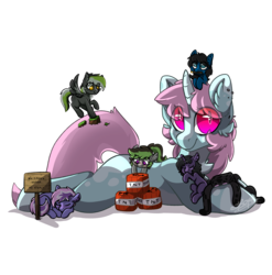 Size: 3952x4000 | Tagged: safe, artist:spoopygander, oc, oc only, oc:berry frost, oc:elli, oc:graphite sketch, oc:rivibaes, oc:scoops, enderman, pegasus, pony, unicorn, chest fluff, colored wings, ear fluff, explosives, eyes closed, female, grass block, heart eyes, looking at you, looking down, looking up, male, mare, markings, minecraft, multicolored hair, multicolored wings, piercing, plushie, sign, simple background, size difference, sleeping, smiling, stallion, tnt, transparent background, wingding eyes