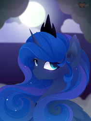 Size: 2691x3569 | Tagged: safe, artist:xsatanielx, princess luna, alicorn, pony, rcf community, g4, cloud, crown, female, high res, jewelry, looking back, mare, moon, night, night sky, regalia, sky, solo