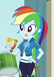 Size: 716x1029 | Tagged: safe, screencap, rainbow dash, equestria girls, g4, my little pony equestria girls: better together, overpowered (equestria girls), clothes, cropped, cute, dashabetes, female, food, geode of super speed, hoodie, jacket, magical geodes, pants, sandwich, solo