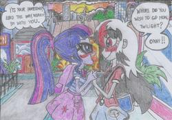 Size: 1755x1227 | Tagged: safe, artist:nephilim rider, sci-twi, twilight sparkle, oc, oc:heaven lost, equestria girls, g4, my little pony equestria girls: better together, blushing, looking at each other, traditional art