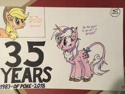 Size: 4032x3024 | Tagged: safe, artist:gtx, applejack, twilight, classical unicorn, pony, unicorn, g1, g4, 35th anniversary, anniversary, cloven hooves, cowboy hat, female, g's bad handwriting, g1 to g4, generation leap, hat, horn, implied ponies eating meat, leonine tail, stetson, traditional art, unshorn fetlocks