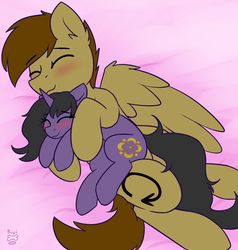 Size: 2684x2820 | Tagged: safe, artist:rivibaes, oc, oc:rivibaes, oc:vicious loop, pegasus, pony, unicorn, blushing, cuddling, female, high res, hug, male, size difference, straight