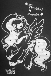 Size: 1483x2202 | Tagged: safe, artist:binkyt11, princess luna, alicorn, pony, g4, black paper, female, mare, monochrome, solo, spread wings, stars, traditional art, wings