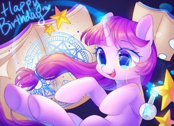 Size: 2300x1675 | Tagged: safe, artist:leafywind, oc, oc only, pony, unicorn, book, female, flask, glowing horn, hairband, happy birthday, horn, magic, magic circle, mare, monochrome, open mouth, smiling, solo, starry eyes, stars, underhoof, wingding eyes