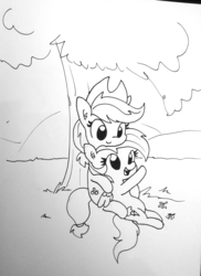 Size: 1221x1680 | Tagged: safe, artist:tjpones, applejack, rainbow dash, earth pony, pegasus, pony, g4, black and white, cute, dashabetes, female, grayscale, jackabetes, lesbian, lineart, looking down, looking up, mare, monochrome, open mouth, ship:appledash, shipping, sitting, smiling, traditional art, tree