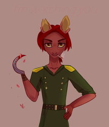 Size: 1844x2141 | Tagged: safe, artist:sarkarozka, oc, oc only, earth pony, anthro, anthro oc, blood, clothes, communism, gray background, looking at you, male, nation ponies, original character do not steal, ponified, red, sickle, simple background, sketch, solo, soviet, soviet union, stallion, uniform