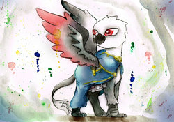 Size: 1600x1119 | Tagged: safe, artist:mashiromiku, griffon, cloak, clothes, commission, solo, spread wings, traditional art, watercolor painting, wings