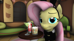 Size: 1920x1080 | Tagged: safe, artist:woonna, derpibooru exclusive, fluttershy, pegasus, pony, g4, 3d, alcohol, bowtie, bunny ears, bunny suit, clothes, cocktail umbrella, drink, female, fluttershy's cottage, solo