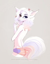 Size: 1280x1638 | Tagged: safe, artist:sarkarozka, oc, oc only, oc:rushelle, anthro, ass, blushing, butt, femboy, floppy ears, flower, flower in hair, freckles, heterochromia, male, nation ponies, ponified, russia, solo, stallion, white
