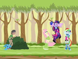 Size: 631x476 | Tagged: safe, artist:shadyhorseman, fluttershy, rainbow dash, twilight sparkle, oc, oc:rock star, dog, human, equestria girls, g4, are equestrian girls human?, ben 10, blue (blue's clues), blue's clues, clothes, equestria girls-ified, flying, forest, green shirt, male, not quibble pants, omnitrix, paw print, ponied up, pony ears, shirt, steve (blue's clues), striped shirt, twilight can't fly, twilight sparkle (alicorn), wings