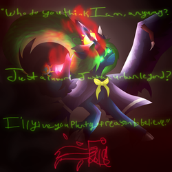 Size: 5800x5800 | Tagged: safe, artist:florarena-kitasatina/dragonborne fox, alicorn, ghost, pony, absurd resolution, clothes, cloven hooves, crooked horn, crossover, dialogue, glowing eyes, glowing eyes of doom, horn, hybrid wings, looking at you, mima, ponified, signature, solo, staring into your soul, the fourth wall cannot save you, this isn't even my final form, torn clothes, touhou, unshorn fetlocks, watermark