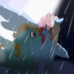 Size: 1280x1280 | Tagged: safe, artist:shady, lightning dust, rainbow dash, pegasus, pony, g4, alternate hairstyle, chest fluff, covering, crying, ear fluff, female, hug, lesbian, looking at each other, mare, moon, night, rain, reconciliation, sad, ship:rainbowdust, shipping, stars, wet, wet mane, winghug, wings