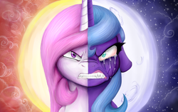 Size: 2810x1762 | Tagged: safe, artist:nightfuryshadows, princess celestia, princess luna, alicorn, pony, lullaby for a princess, g4, angry, cewestia, crying, female, filly, gritted teeth, moon, nightmare luna, sharp teeth, side by side, slit pupils, sun, tears of anger, teeth, transformation, woona, younger
