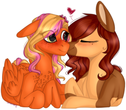 Size: 856x750 | Tagged: safe, artist:sychia, oc, oc only, oc:firelight, oc:honeypot meadow, earth pony, pegasus, pony, beauty mark, blushing, chest fluff, couple, cute, eyes closed, female, freckles, heart, kissing, lesbian, oc x oc, shipping, signature, simple background, smiling, transparent background