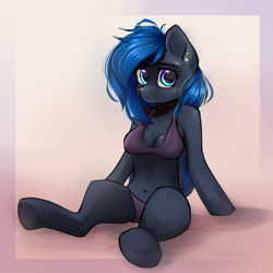 Size: 1000x1000 | Tagged: safe, artist:pechenak, oc, oc only, oc:acelina, bat pony, anthro, unguligrade anthro, arm hooves, bat pony oc, belly button, bikini, clothes, cute, folded wings, looking at you, piercing, sitting, solo, swimsuit, wings, ych result