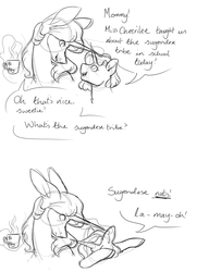 Size: 2000x2600 | Tagged: safe, artist:uunicornicc, twilight sparkle, oc, alicorn, pony, unicorn, g4, coffee cup, comic, cup, dab, dialogue, duo, female, high res, lineart, magical lesbian spawn, mare, monochrome, offspring, parent:rainbow dash, parent:twilight sparkle, parents:twidash, sketch, twilight sparkle (alicorn)