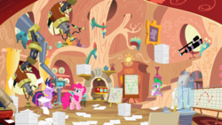 Size: 1440x810 | Tagged: safe, screencap, pinkie pie, spike, twilight sparkle, dragon, earth pony, pony, unicorn, g4, it's about time, season 2, alternate hairstyle, female, golden oaks library, graph, male, mare, paper, telescope, trio, twilight's lab, unicorn twilight